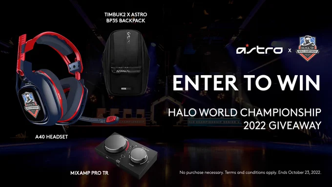Giveaway graphic featuring an A40 TR X-Edition Headset with custom HCS Worlds Speaker Tags, a MixAmp Pro TR, and a BP35 Backpack