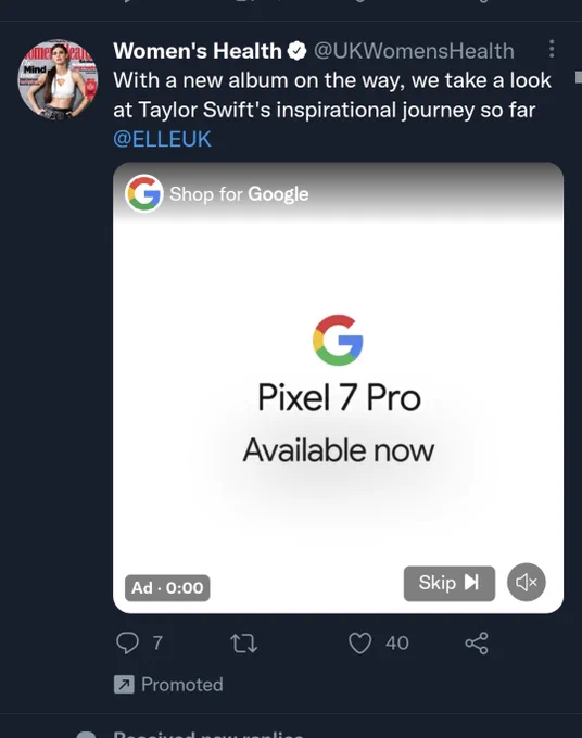 A screenshot of a promoted tweet with a video, that is itself showing an advert for a phone