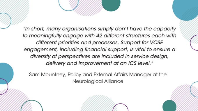 "In short, many organisations simply don’t have the capacity to meaningfully engage with 42 different structures each with different priorities and processes. Support for VCSE engagement, including financial support, is vital to ensure a diversity of perspectives are included in service design, delivery and improvement at an ICS level." Sam Mountney, Policy and External Affairs Manager at the Neurological Alliance. This quote is displayed on a white background with coloured shapes.