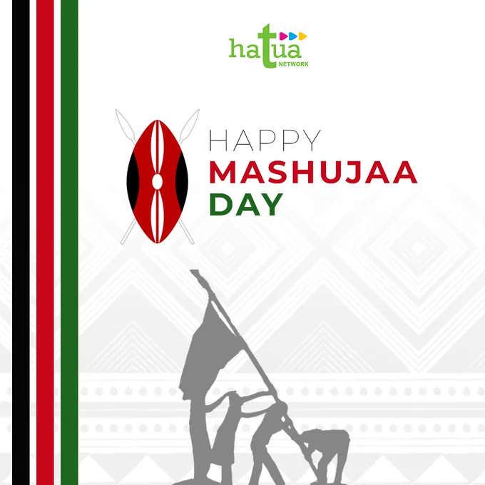 image of people raising flag on a tribal background and the words Happy Mashujaa Day