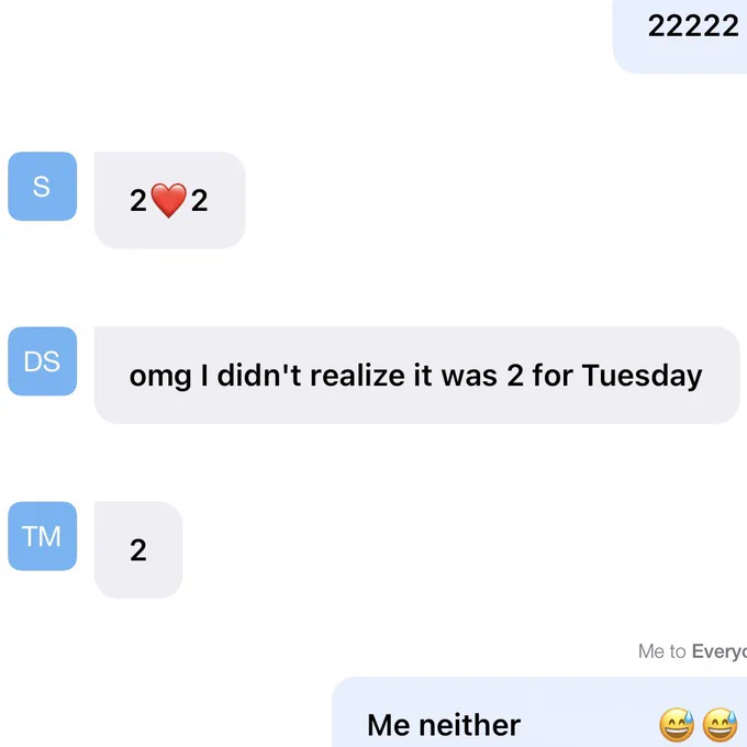 Moments later in the same Zoom chat. Clipped off is a “2222”. In order, four separate attendees put in the chat, “2 heart 2”. Then, “omg I didn’t realize it was 2 for Tuesday” Then, “2.” Finally, “Me neither embarrassed emoji embarrassed emoji.”