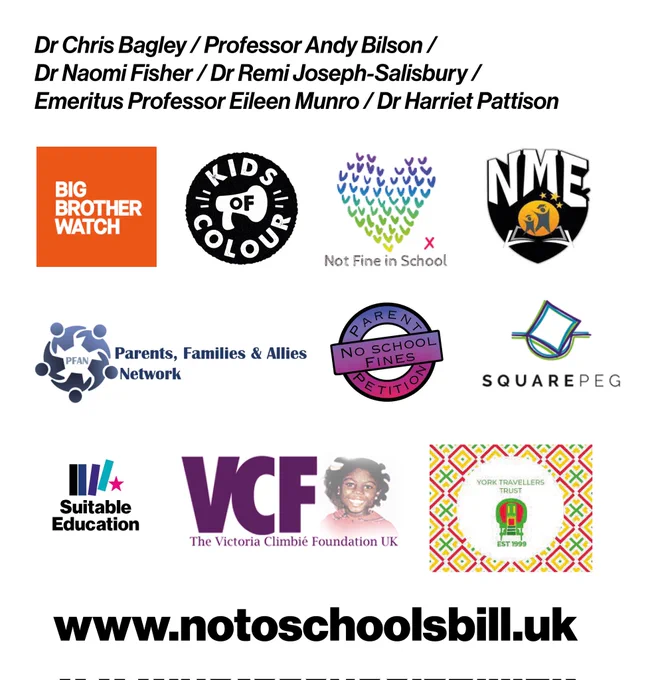 Image includes names of academics and logos of organisations saying No to Schools Bill. 