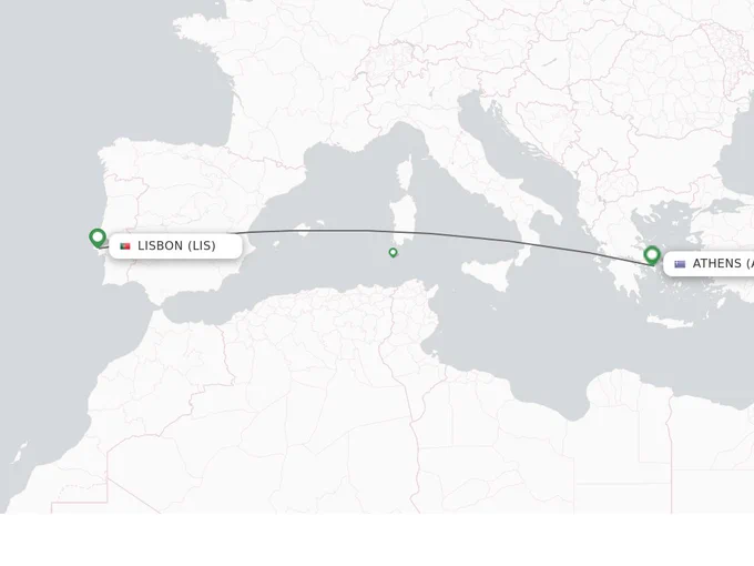 a map showing a plane direct route from Lisbon ao Athens