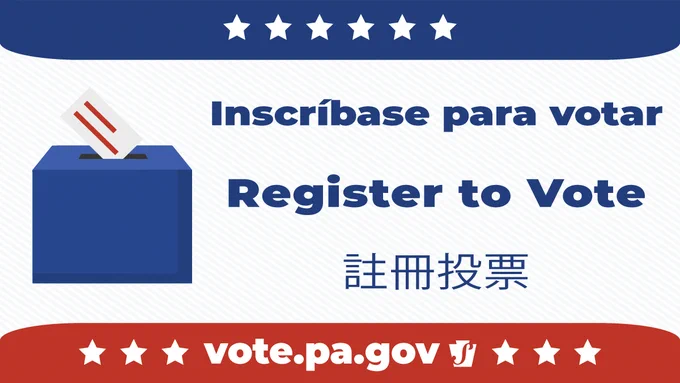 Ballot box with envelope. Register to vote. vote.pa.gov