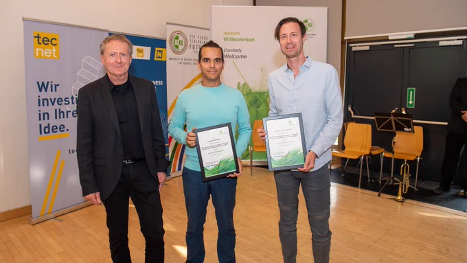 v.l.n.r.  Vizerektor für Forschung und Innovation Christian Obinger, Behzad Shirmardi, Erik Reimhult