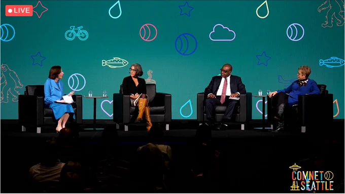 Walton Family Foundation Executive Director Caryl M. Stern at #COMNET22 along with other panelists.