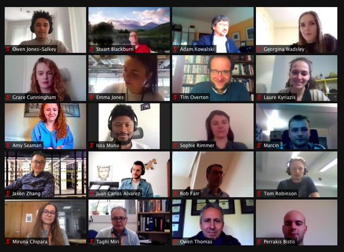 The image shows a Zoom grid with 5 rows and 4 columns, and one of the attendees to the online Oktoberfest in each box.