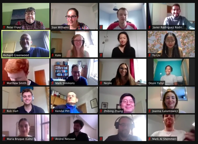 The image shows a Zoom grid with 5 rows and 4 columns, and one of the attendees to the online Oktoberfest in each box.