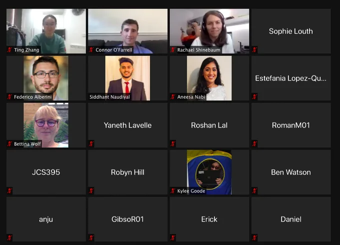 The image shows a Zoom grid with 5 rows and 4 columns, and one of the attendees to the online Oktoberfest in each box. Some of the boxes only display their names.