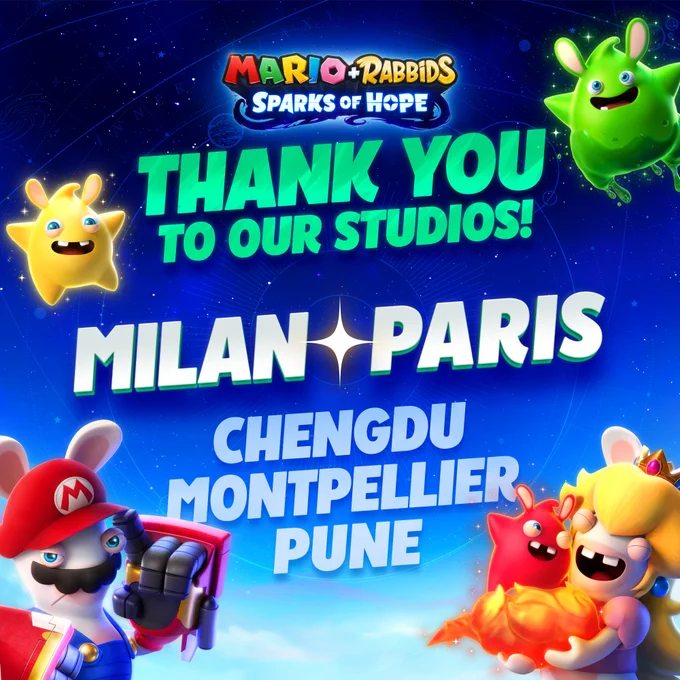 Rabbid Mario, Rabbid Peach and three Sparks are pictured alongside text 'Thank you to our studios! Milan, Paris, Chengdu, Montpellier, Pune'