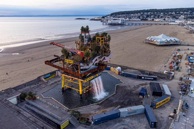 Image of a repurposed oil rig on the shoreline in Weston-super-Mare.