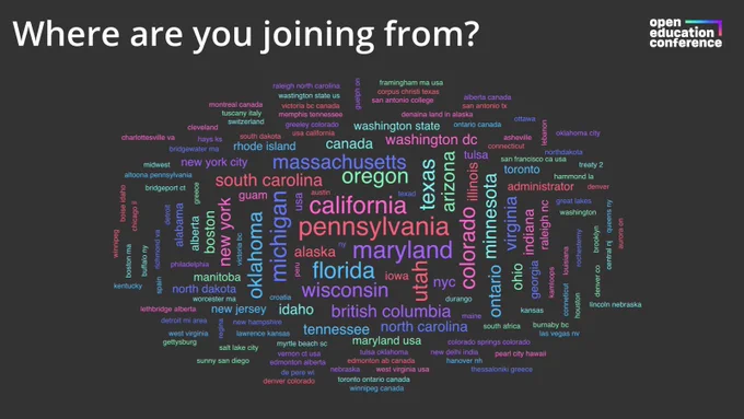 Word cloud with the title "Where are you joining from?" with a lot of different states and countries listed.