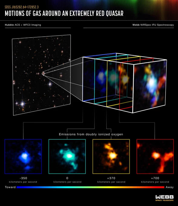 Infographic titled “Motions of Gas Around an Extremely Red Quasar.” On the left is a Hubble image of a field of galaxies, with one central galaxy spotlighted. On the right is a zoomed-in, multicolor image of that same galaxy, newly revealed by Webb to be part of a galaxy cluster. Four single-color images, taken by Webb in various wavelengths, make up the multicolor image and can be found in more detail at the bottom of the graphic. These images show light from the gas (doubly ionized oxygen atoms) in the galaxy cluster. A color code explains that color represents the motion of the gas, including direction and speed relative to the quasar. From left to right: the first image (blue) shows gas moving toward us at 350 kilometers per second; the second (green) shows gas steady in our line of sight at 0 kilometers per second; the third (orange) shows gas moving away at 370 kilometers per second; the fourth (red) also shows gas moving away, but at 700 kilometers per second.