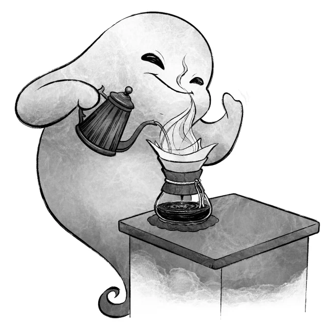 a ghost carefully pours hot water out of a kettle into a bodum to make a cup of coffee, steam rises from the pour over that the ghost is wafting up to smell