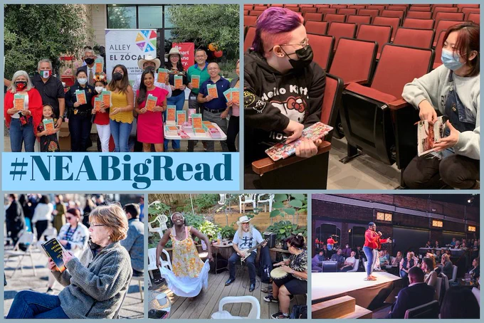 collage of five pics including a group of people holding copies of American Sunrise, two young people sitting in an auditorium discussing books, a woman speaking from stage to an audience, a musical group, and a woman sitting outside reading a book. There is also text that says #NEABigRead