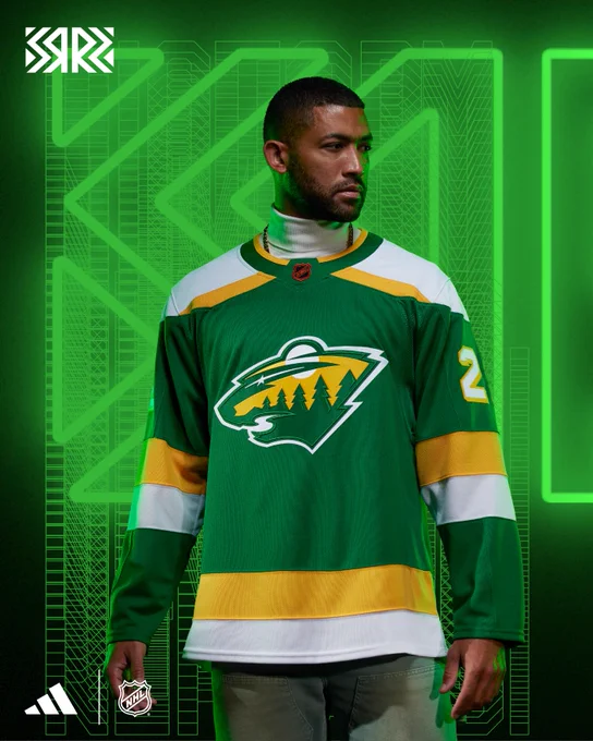 The official release image of the Minnesota Wild's Reverse Retro jersey. The Minnesota Wild Reverse Retro 2022 Jersey honors the 1978 North Stars with a uniform featuring the ’78 color-blocking palate incorporating the current Minnesota Wild crest. The jersey features era specific shoulder yoke and sleeve striping plus drop shadow numbers.  The Wild crest will feature raised dimensional treatments for the star eye and trees. The current NHL Shield logo is remixed in vintage orange and black colors.