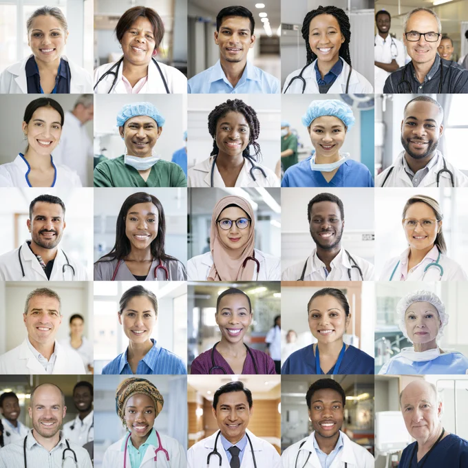 Montage of headshots of ethnically diverse doctors and nurses in hospitals. 