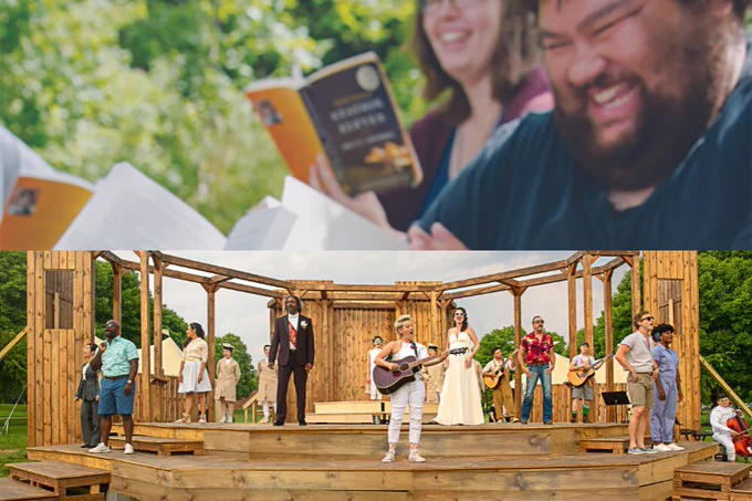Top: A group of happy people reading books. Bottom: A group of happy people singing on stage.