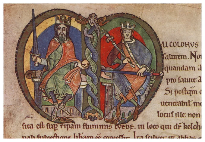 A picture of young King Malcolm IV of Scotland on the right, with his father David I on the left, from the Charter to Kelso Abbey