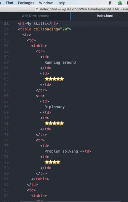 Screenshot: Code, creating a table.