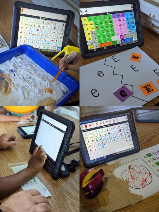 Four pics in a grid that show different way of using a comm device (iPad). Starting top left and going clockwise. Pic 1: orange vinegar in a pipette being squeezed onto a tray of baking soda; comm device says "orange." Pic 2: paper split in half with "e" on left and "E" on right. There are purple and orange squares with letters E or e sorted on the paper; comm device says "put on." Pic 3: a hand pressing "desk" button on comm device. Pic 4: red apple slices on left, paper with red colored apple and visuals on right; comm device says "see red touch soft smooth hear quiet smell no smell taste sweet."