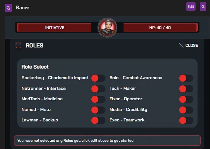 Role choices on the Roll20 Cyberpunk RED character sheet