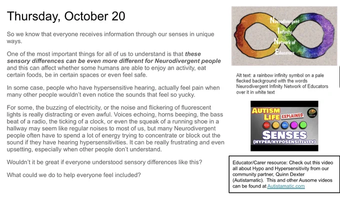White Announcement slide for Thursday, October 19th. In top right corner is the NINE logo, a rainbow infinity symbol on a beige flecked background with Neurodivergent Infinity Network of Educators over it. Alt text for logo is below it on the slide. Below that is still image of Autistmatic’s thumbnail image for his Senses video. His logo is in the top right of the image and fiver differently coloured circles are in the middle of the image.   Text on the slide will follow in tweet thread.