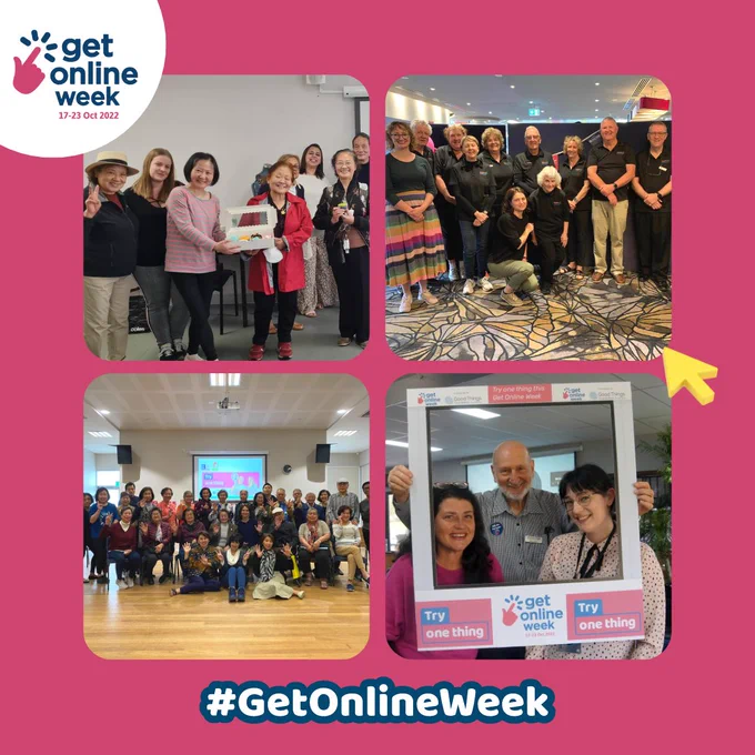 Collage of images of Get Online Week events, featuring groups of people smiling. Get Online Week logo. Hashtag Get Online Week logo.