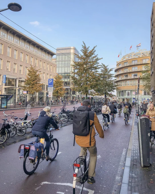 A group of cyclists ride along a wide, red asphalt cycle path lined with trees and buildings in the center of Utrecht.