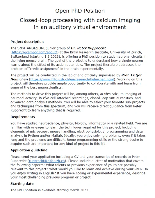 Open PhD position at the Brain Research Institute, University of Zurich, with Peter Rupprecht and Fritjof Helmchen.