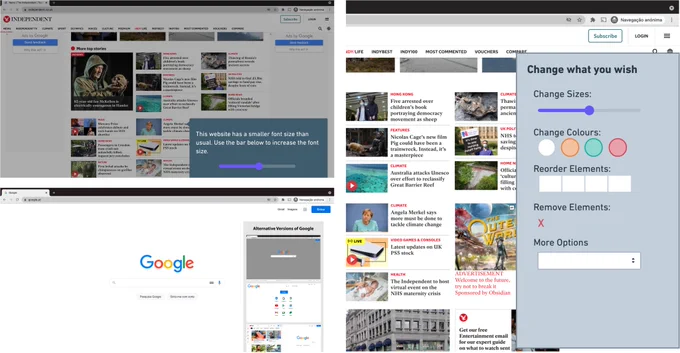 Several personalization solutions. On top there is a webpage with the warning for small fonts and a slider to increase the size of the font in the webpage. Below, is another webpage with a side bar showing different templates for that webpage. On the side, there is a side bar with options to change colors, sizes, and order of elements, as well as removing them.