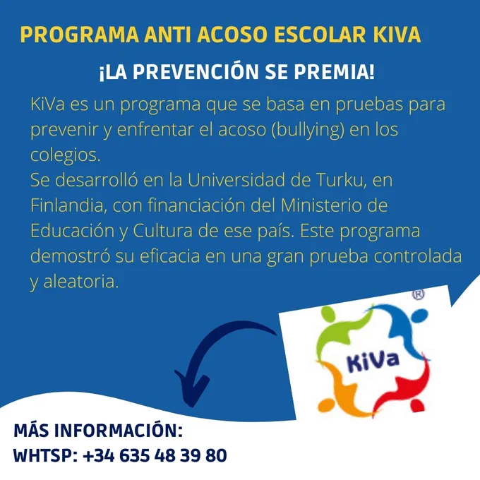 KiVa, comunidades para el bienestar y la convivencia escolar
¡La prevención se premia!
#antibullying #kivaprogram

Contacta con nosotros: 👇
WhatsApp: 34 635 48 39 80