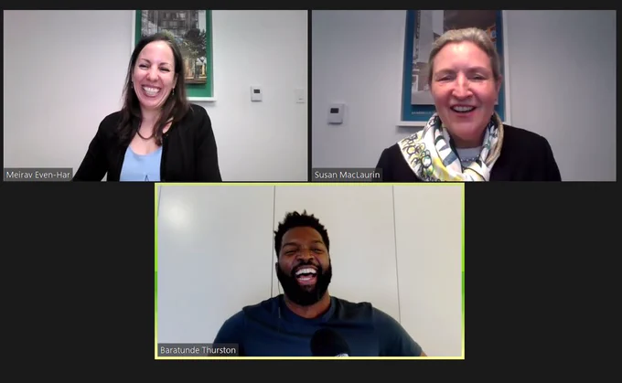 QuadReal's Meirav Even-Har and Susan MacLaurin speaking with Baratunde Thurston in a company-wide fireside chat