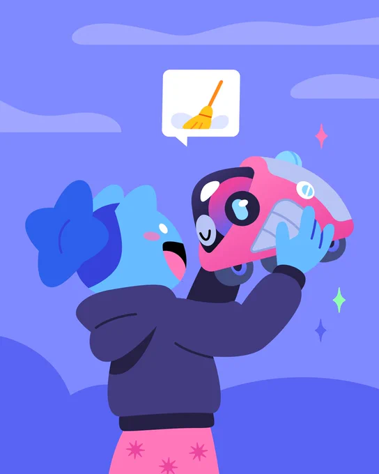 Blue-haired character smiles while holding a pink robot. The robot emotes with a broom emoji. 