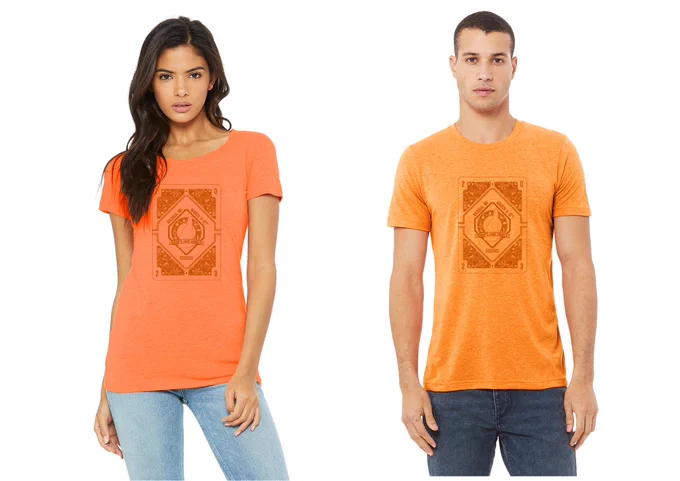 Orange T-shirt with the #G2S2023 event design of a zentangled playing card featuring the granite game summit logo in the center. 