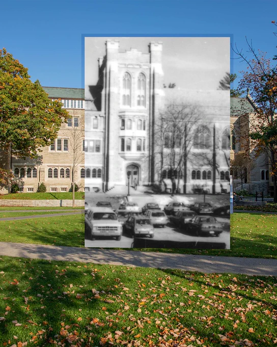 A current photo of Swartz Hall with an overlay of a black and white photo of Swartz Hall in the past that depicts a parking lot in the place of the green that is seen today.