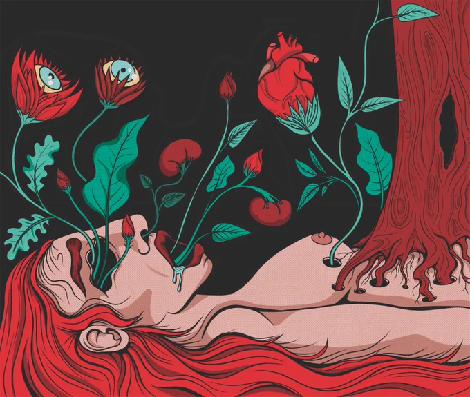 Illustration of a woman with long red hair lying on her back. She is naked, and has flowers growing out of her eyes, mouth, nose and body, and a tree growing out of her stomach. The flowers are red and each one has an organ in it (eyes, kidneys and heart).  Image by Lynne Zakhour.