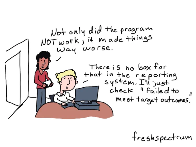 Two people talking cartoon.
"Not only did the program not work, it made things way worse."
"There is no box for that in the reporting system. I'll just check, "failed to meet target outcomes."