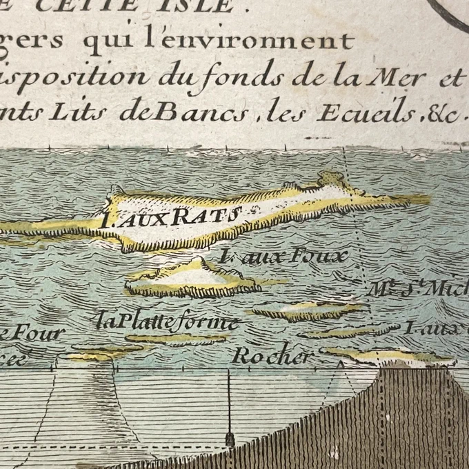 Detail of an engraved map showing under water landforms by the ile l'aux rats