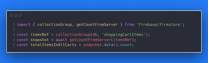 import { collectionGroup, getCountFromServer } from 'firebase/firestore';

const itemsRef = collectionGroup(db, 'shoppingCartItems');
const snapshot = await getCountFromServer(itemsRef);
const totalItemsInAllCarts = snapshot.data().count;