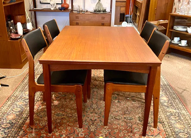 Vintage teak dining table with two draw leaves and or four teak chairs, mid century modern || Table $1499 || L 52” leaves 19” each W 34”