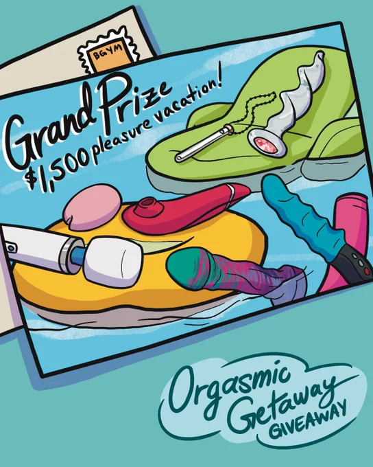 A graphic of a postcard showing an illustration of a pool with floaties in it, and the floaties are covered in sex toys. A postcard in the upper right reads BGYM.