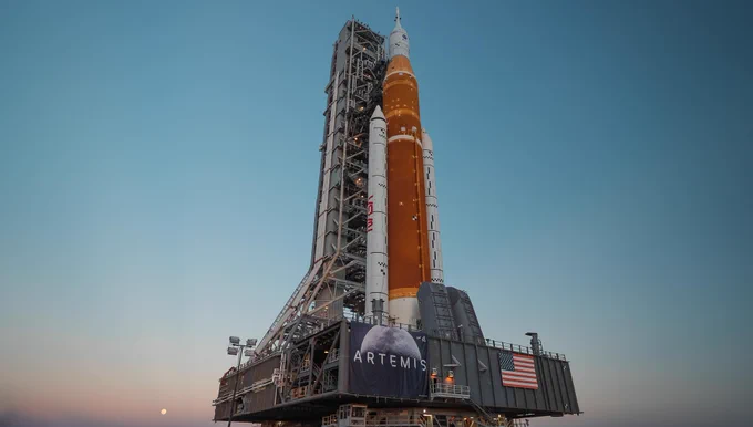 The Space Launch System is seen atop the Mobile Launcher on its way to Launch Pad 39B. The core stage is a burnt orange color and the two solid rocket boosters on either side are white. The word "NASA" can be seen in red alongide one of the boosters. The sky in the background is a gradient of pale orange to dark blue. The full Moon can be seen in the distance. 