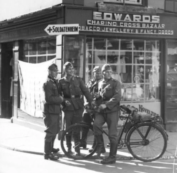 A group of German Soldiers, standing in St Helier, Jersey during the WW2 occupation of the island.