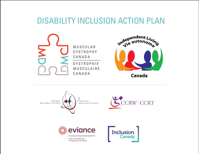 Logos of the different organizations working on the DIAP.  Muscular Dystrophy Canada, Independent Living - Vie autonome, Canadian Association of the Deaf, CCRW, Eviance Canada, Inclusion Canada