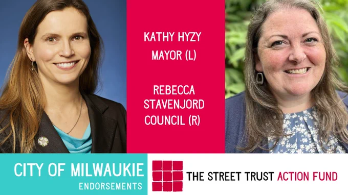 We're excited to see two bold, transportation-forward women running for local office in Milwaukie this November. In particular, we've watched mayoral candidate Kathy Hyzy outspoken at important regional tables including JPACT and the new RTAC (regional tolling), working to balance regional investment priorities to address long-standing deficits in multimodal transportation, and centering equity, climate, and safety projects. She is committed to addressing multimodal-focused solutions for her city's failing intersections, building out its active transportation network, and planning for the tremendous growth that’s coming to Milwaukie in coming years without increasing drive alone trips. Milwaukie has been a proving ground for transportation champions in recent years, including outgoing Mayor Mark Gamba and State Rep. Karin Power. We're looking forward to what Kathy Hyzy and Rebecca Stevenjord will accomplish if elected.