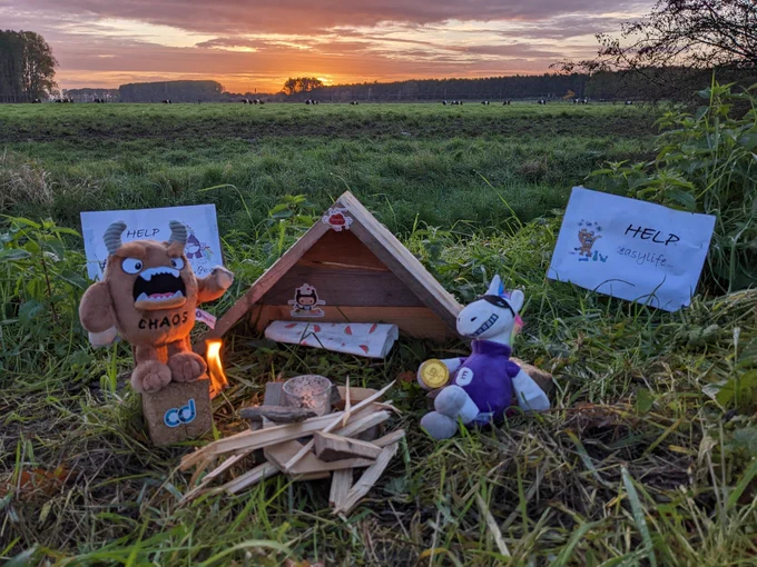 Plushies Monster Chaos and Unicorn forced to illegal wild camping after being left behind by a Swiss family, desperate looking for a travel voucher...