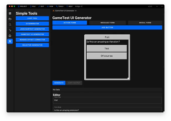 Screenshot of bridge. with a visual UI builder being opened inside a tab