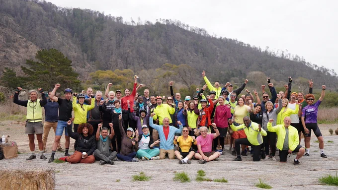 Tour de Parks California attendees (including Director Armando Quintero, center) at Big Basin Redwoods State Park.