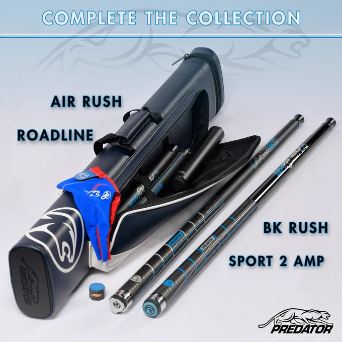A collection of blue pool cues and blue billiards accessories by Predator Cues.